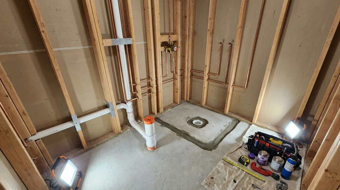 Bathroom rough-in plumbing during remodel by Johns Plumbing LLC in Eureka