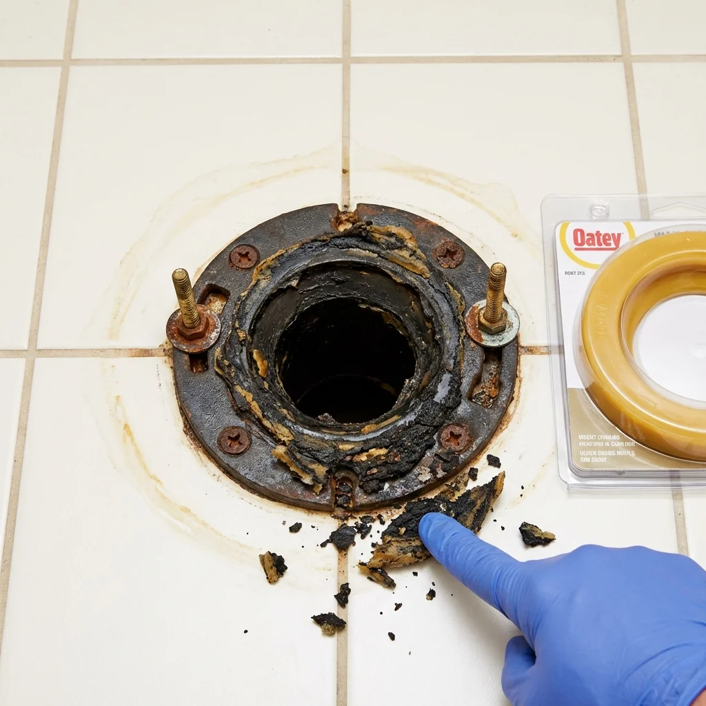 Failed wax ring showing water seepage at the base of a toilet in a Eureka, MT home