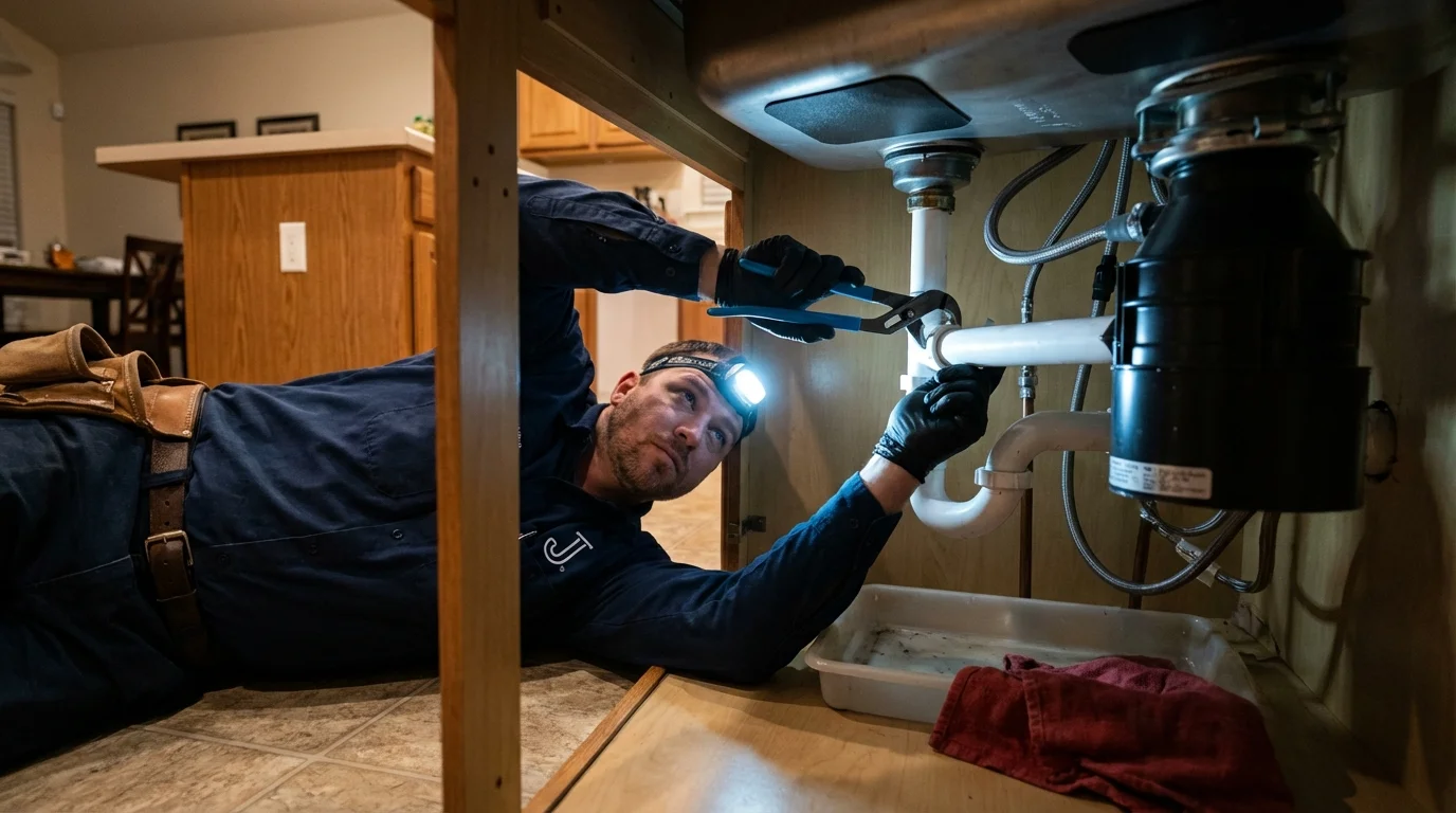P-trap and supply line connections under a kitchen sink showing a common leak point in Eureka, MT